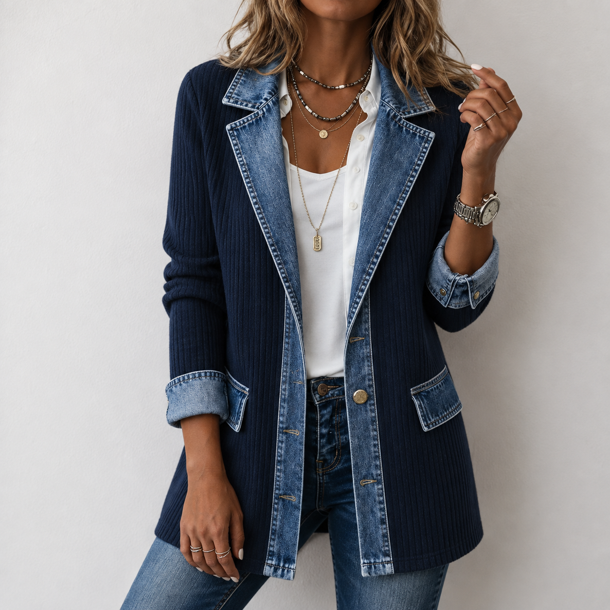 Kristen relaxed-fit jacket blending denim details with soft knit panels