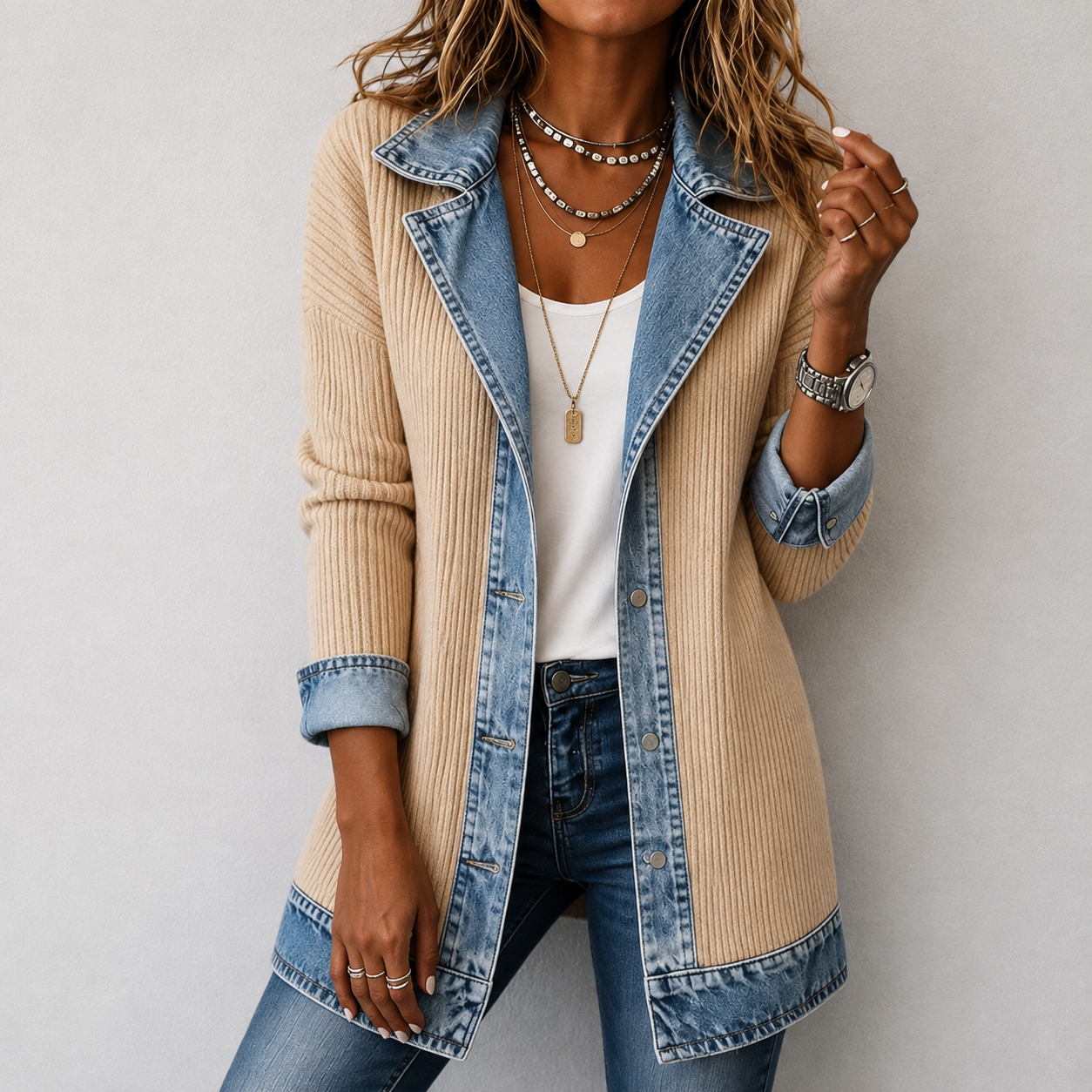 Kristen relaxed-fit jacket blending denim details with soft knit panels