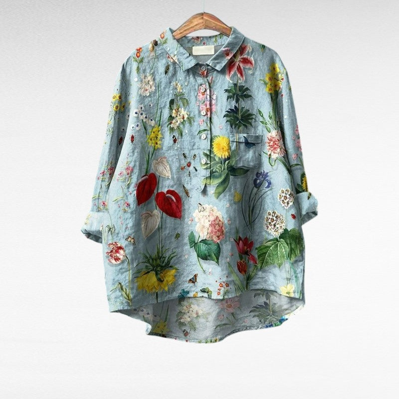 Relaxed botanical print button-front blouse with classic collar and chest pocket