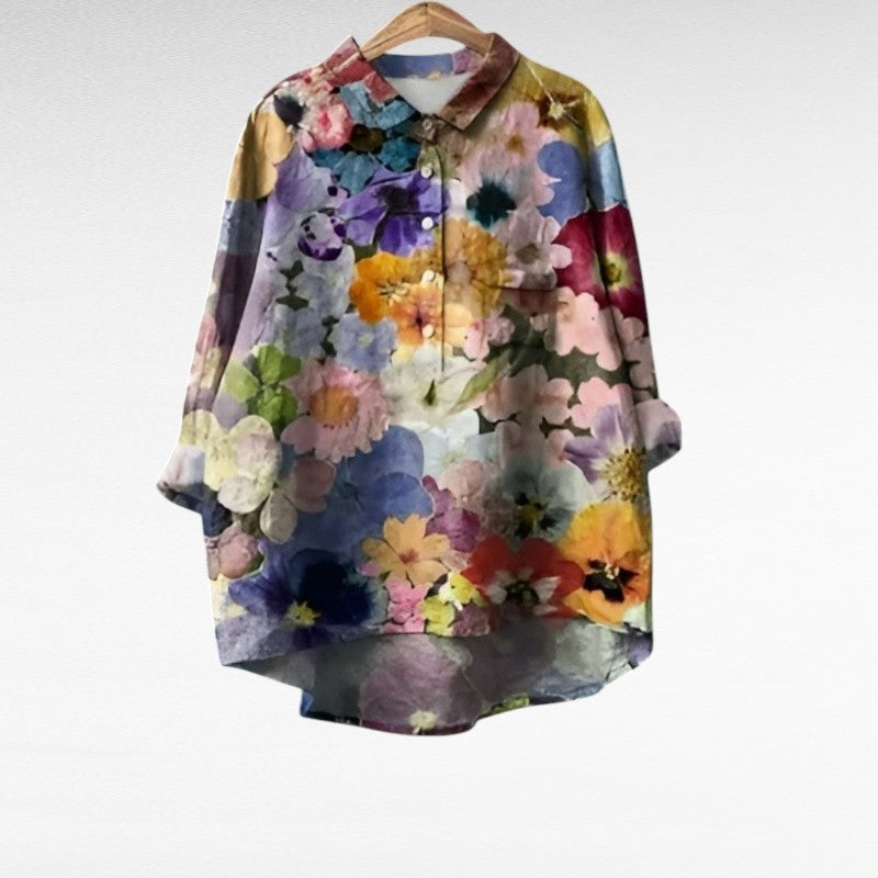 Floral button-front blouse with classic collar and relaxed drape for women