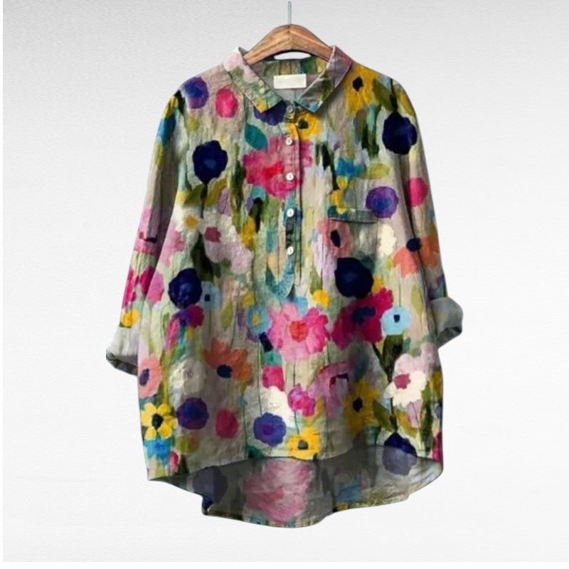 Cecily | Painterly Floral Button-Front Blouse