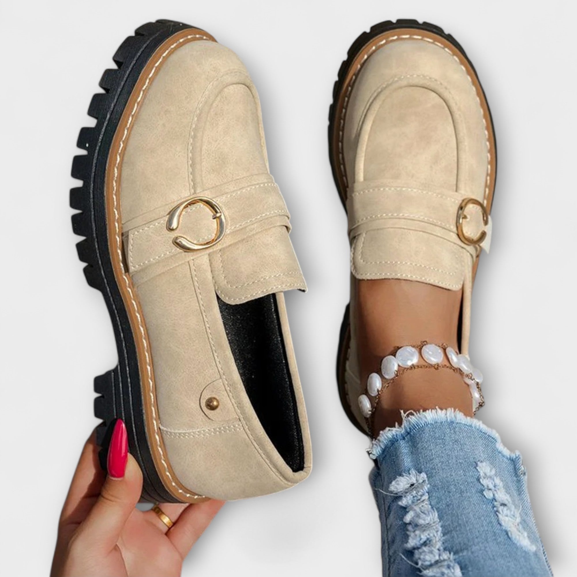 Casual round-toe loafers for women shown in beige, brown, pink and black