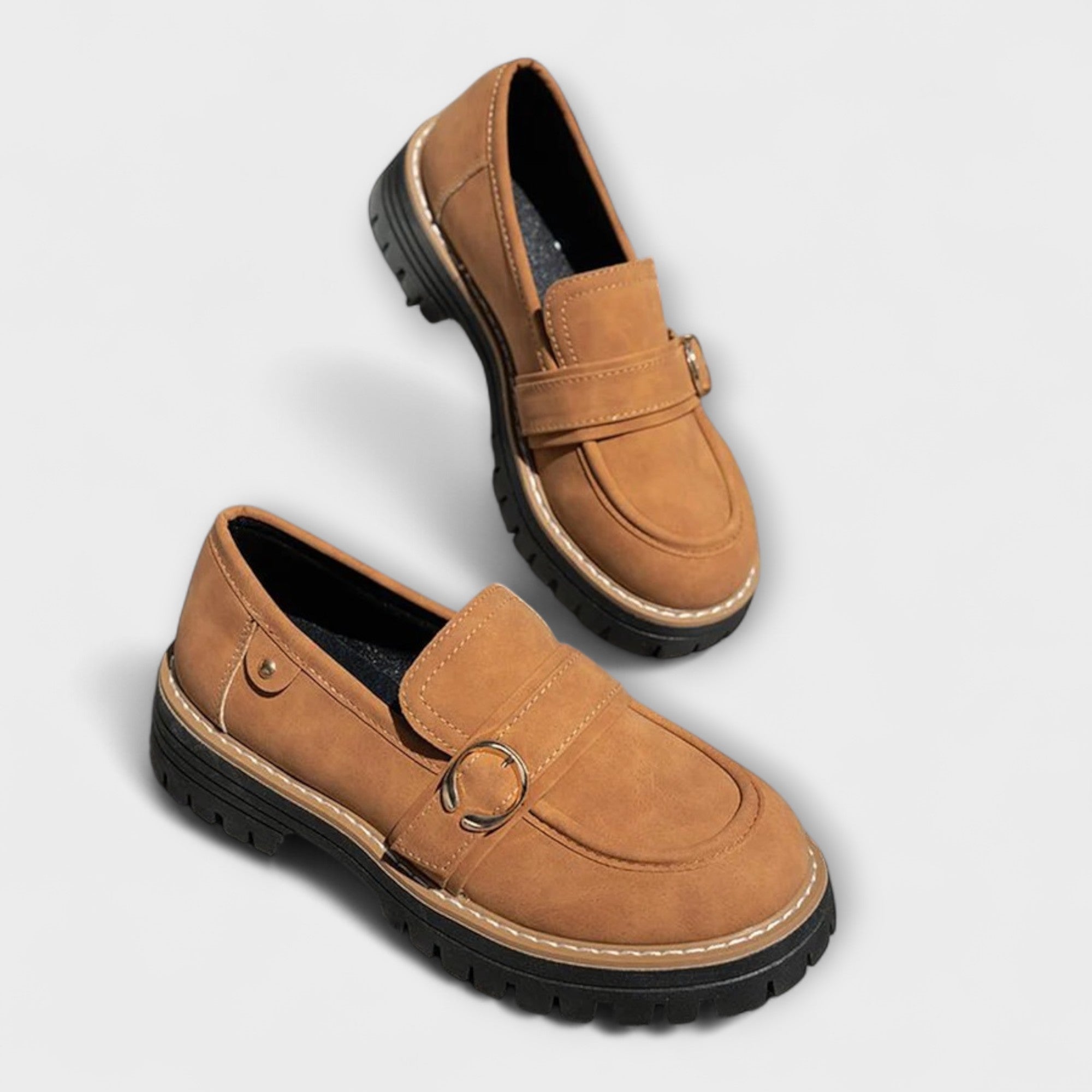Casual round-toe loafers for women shown in beige, brown, pink and black