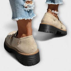 Casual round-toe loafers for women shown in beige, brown, pink and black