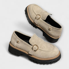 Casual round-toe loafers for women shown in beige, brown, pink and black