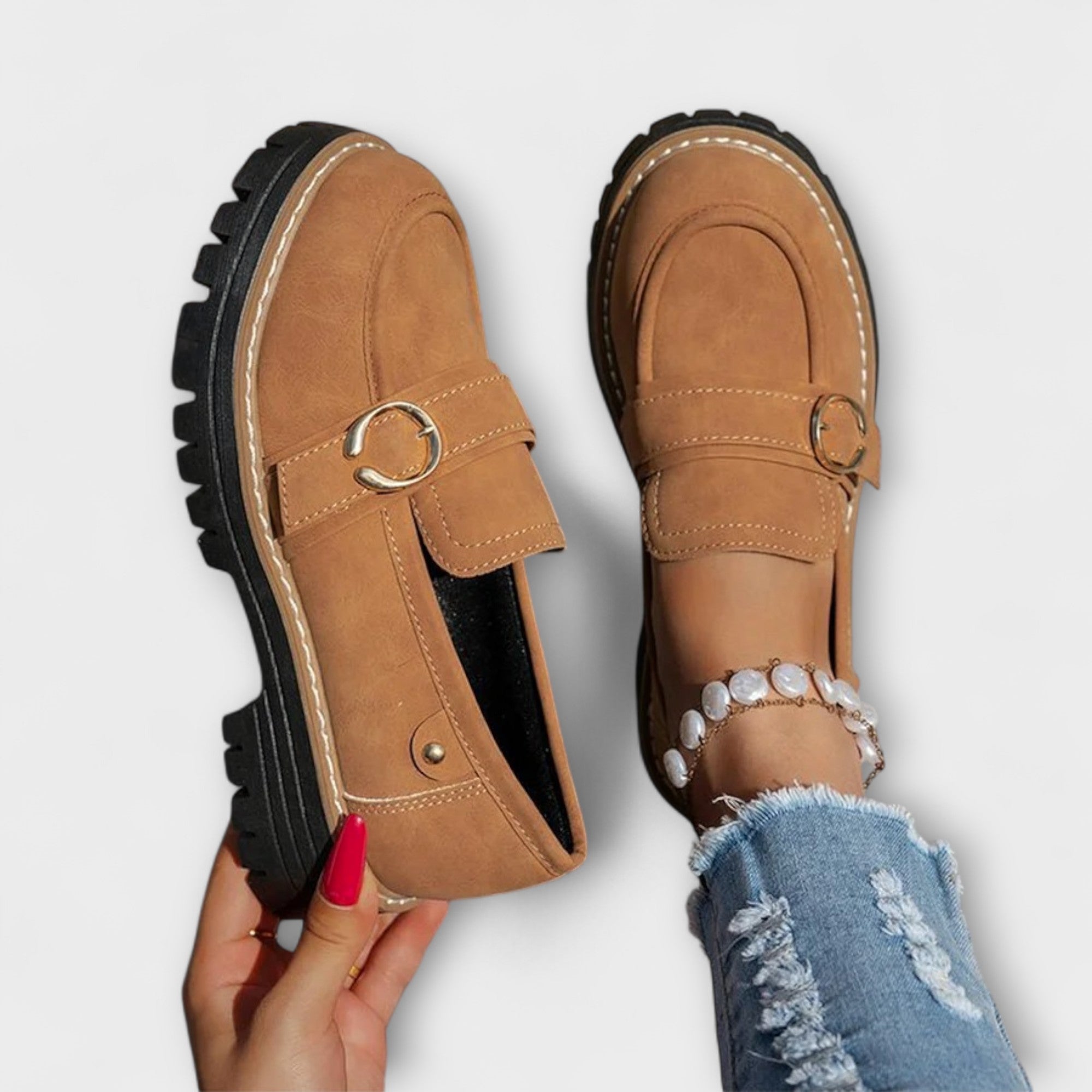 Casual round-toe loafers for women shown in beige, brown, pink and black