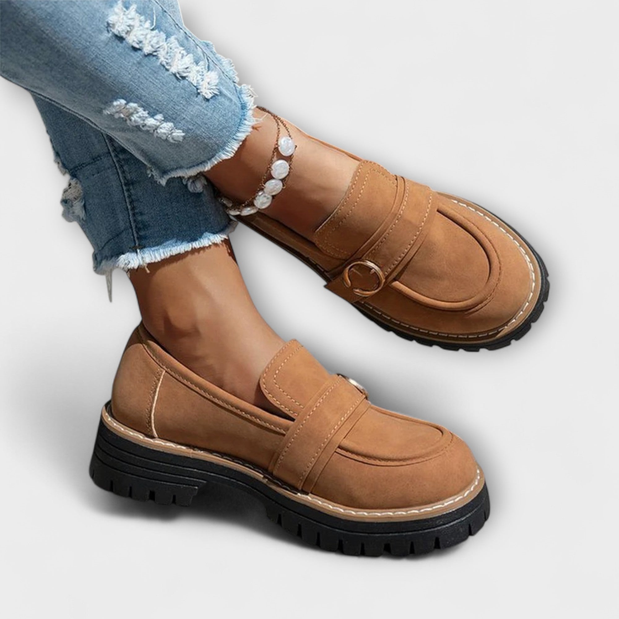 Casual round-toe loafers for women shown in beige, brown, pink and black