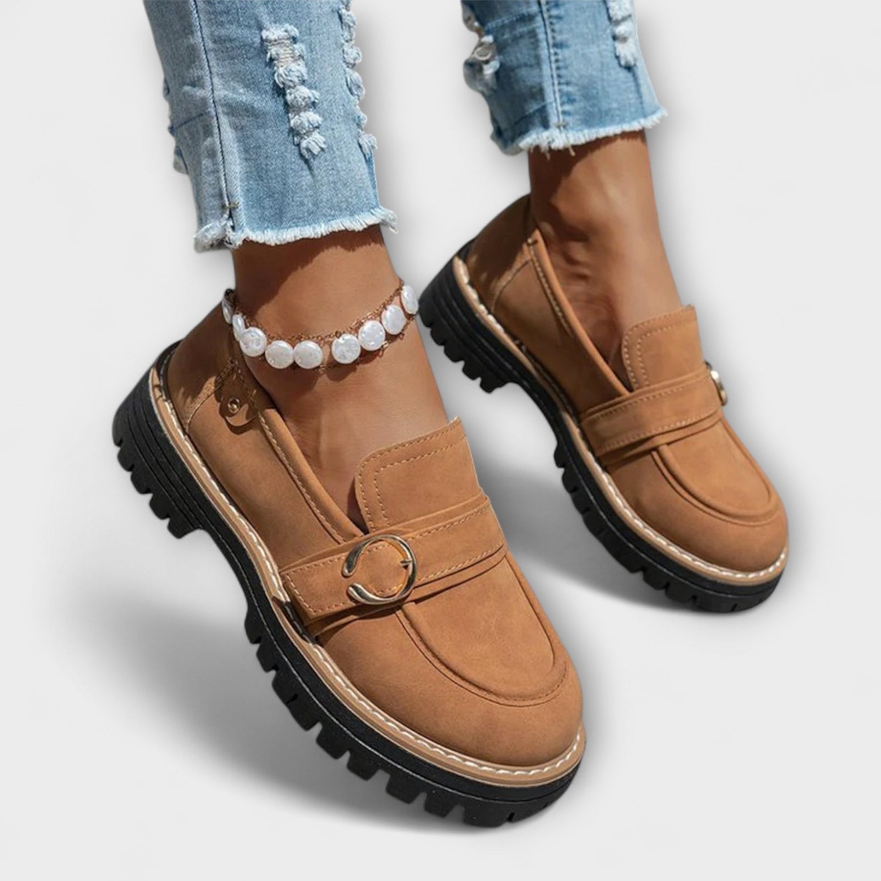 Casual round-toe loafers for women shown in beige, brown, pink and black