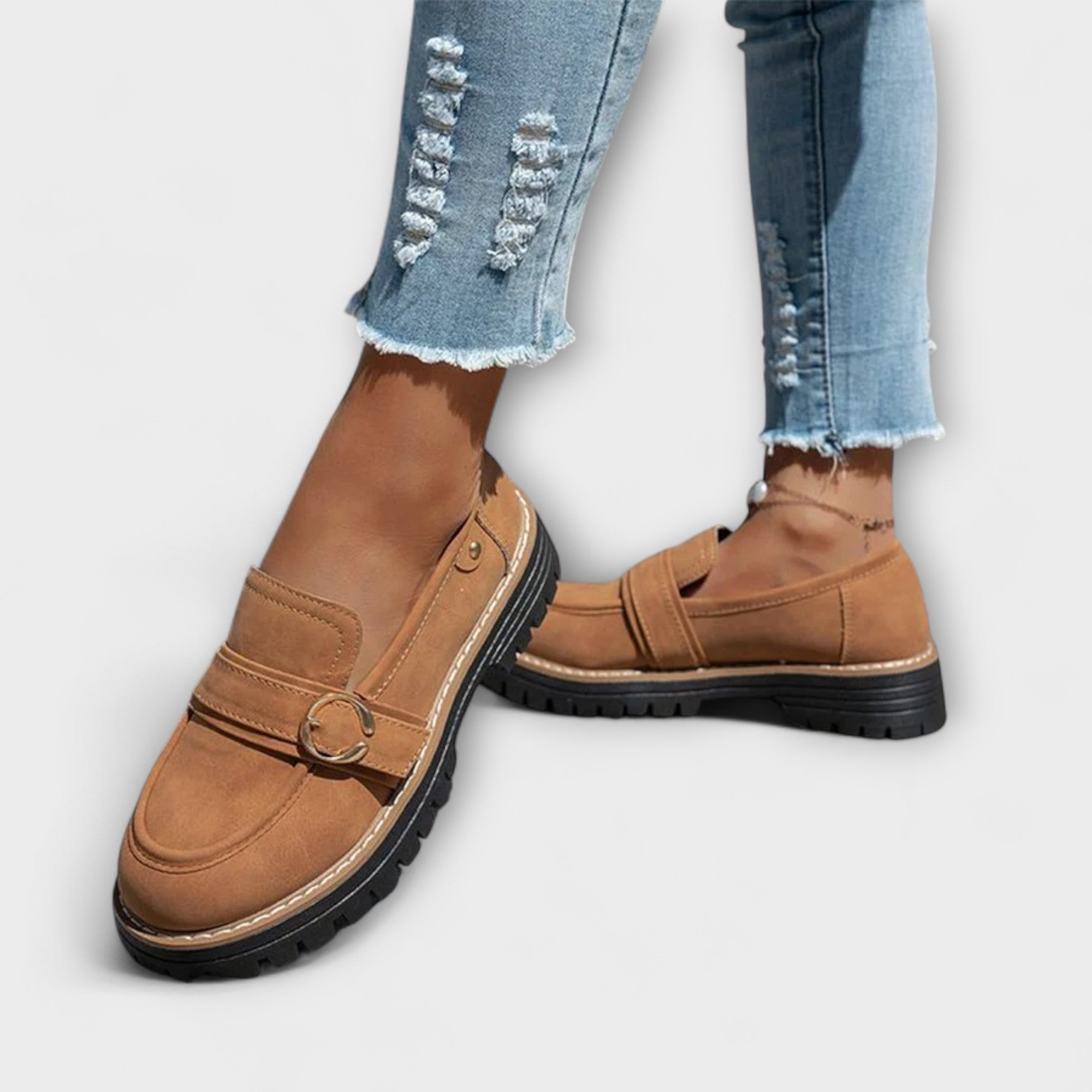 Casual round-toe loafers for women shown in beige, brown, pink and black