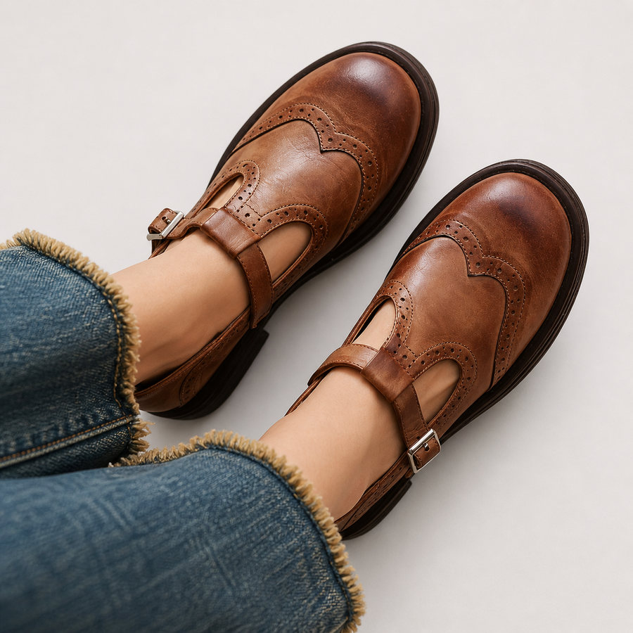 Louisa classic Mary Jane shoes shown in brown and black
