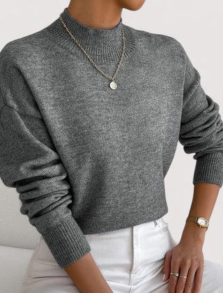 Women's relaxed crew neck long sleeve sweater with ribbed cuffs and hemline
