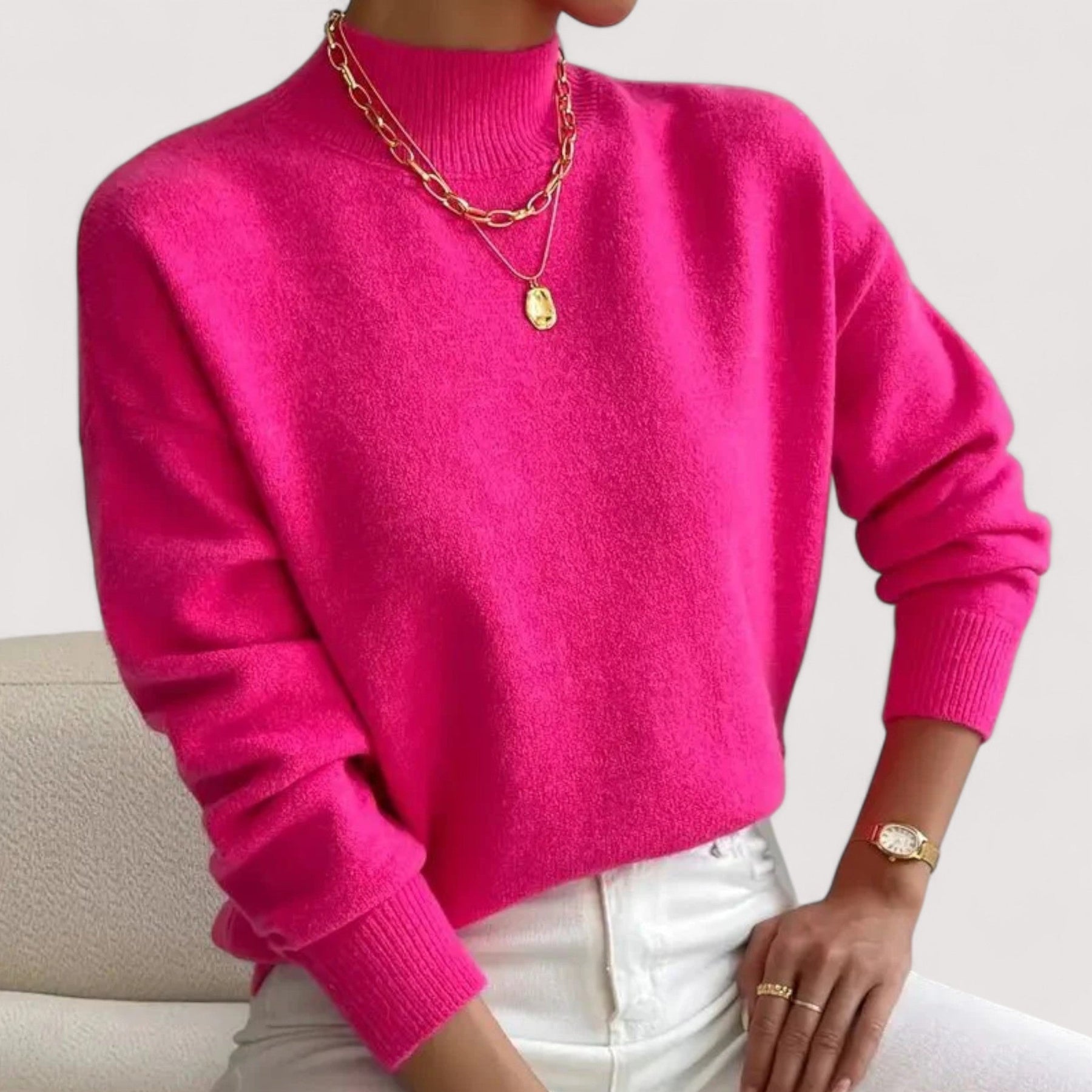Women's relaxed crew neck long sleeve sweater with ribbed cuffs and hemline