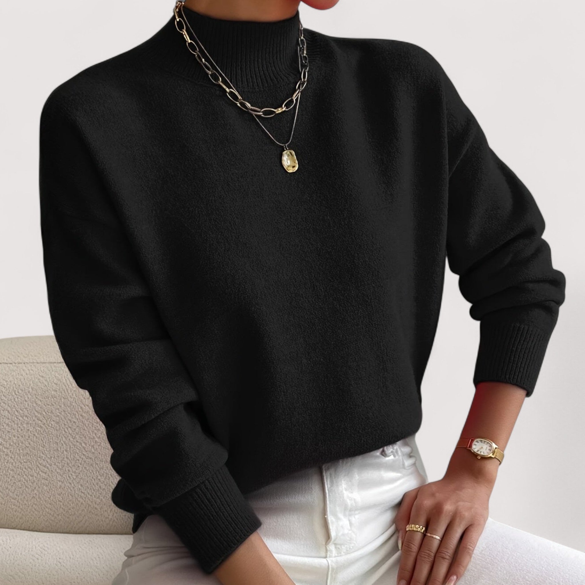 Women's relaxed crew neck long sleeve sweater with ribbed cuffs and hemline
