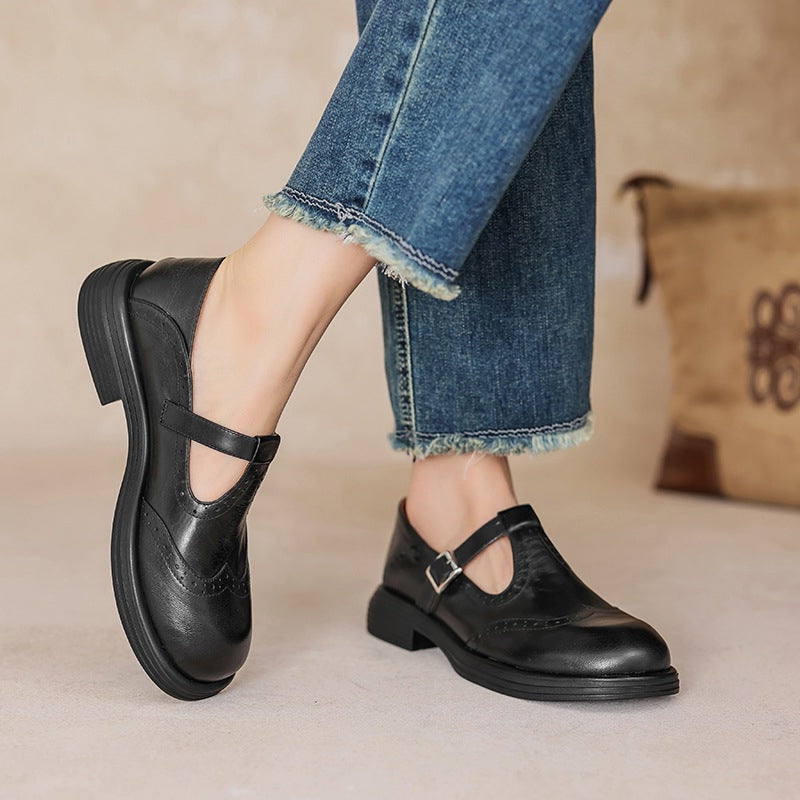 Women's leather T-strap Mary Jane brogue shoes with low block heel in brown and black
