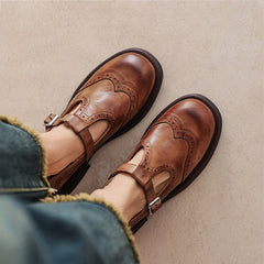Women's leather T-strap Mary Jane brogue shoes with low block heel in brown and black