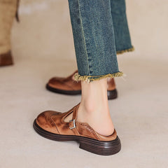 Women's leather T-strap Mary Jane brogue shoes with low block heel in brown and black