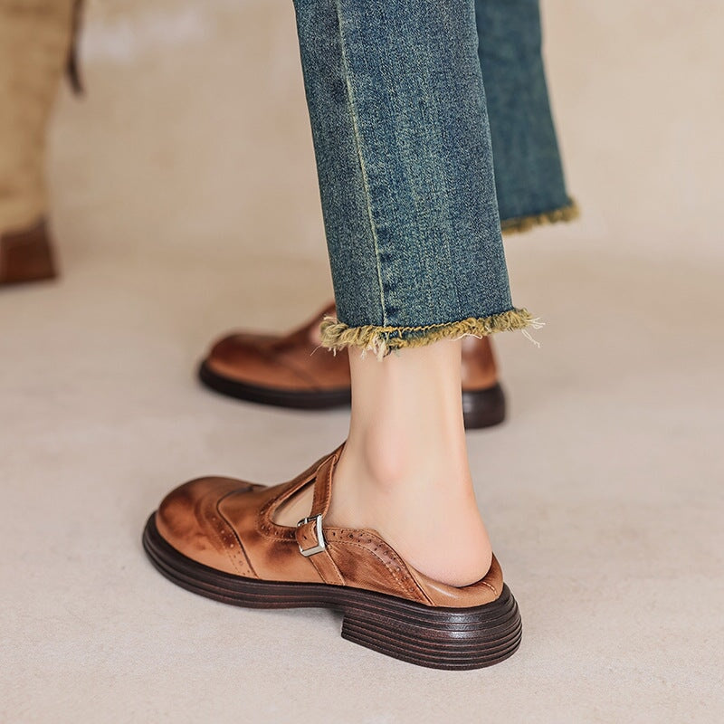 Women's leather T-strap Mary Jane brogue shoes with low block heel in brown and black