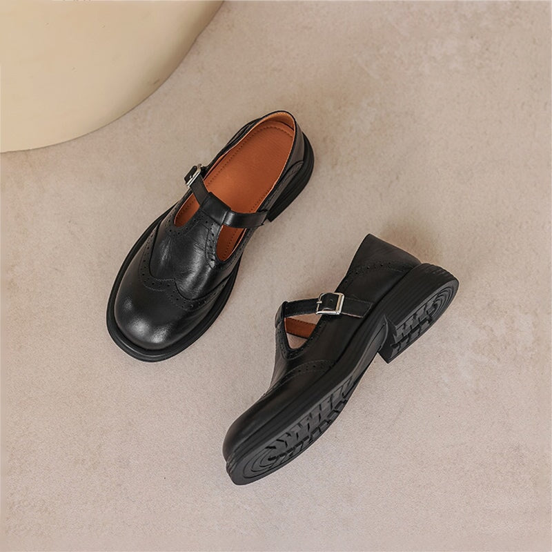 Women's leather T-strap Mary Jane brogue shoes with low block heel in brown and black