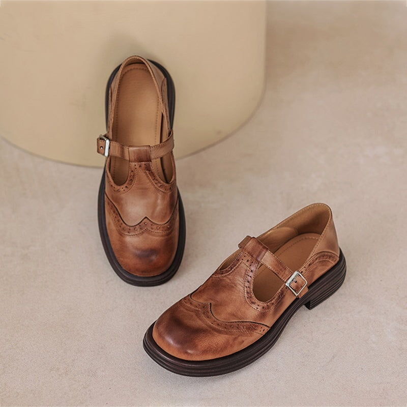 Women's leather T-strap Mary Jane brogue shoes with low block heel in brown and black