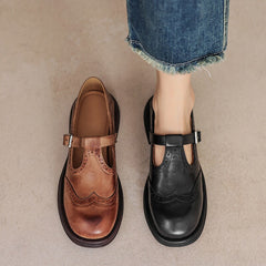 Women's leather T-strap Mary Jane brogue shoes with low block heel in brown and black