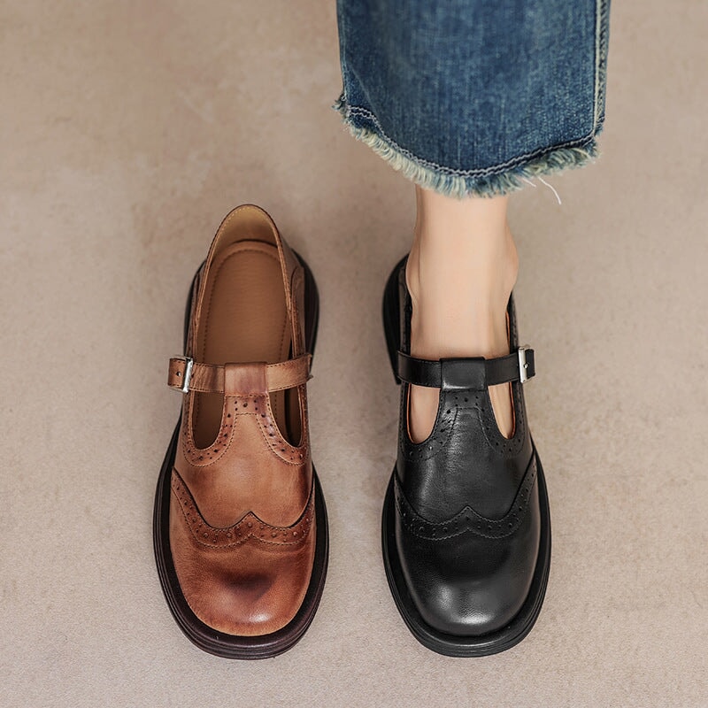 Women's leather T-strap Mary Jane brogue shoes with low block heel in brown and black