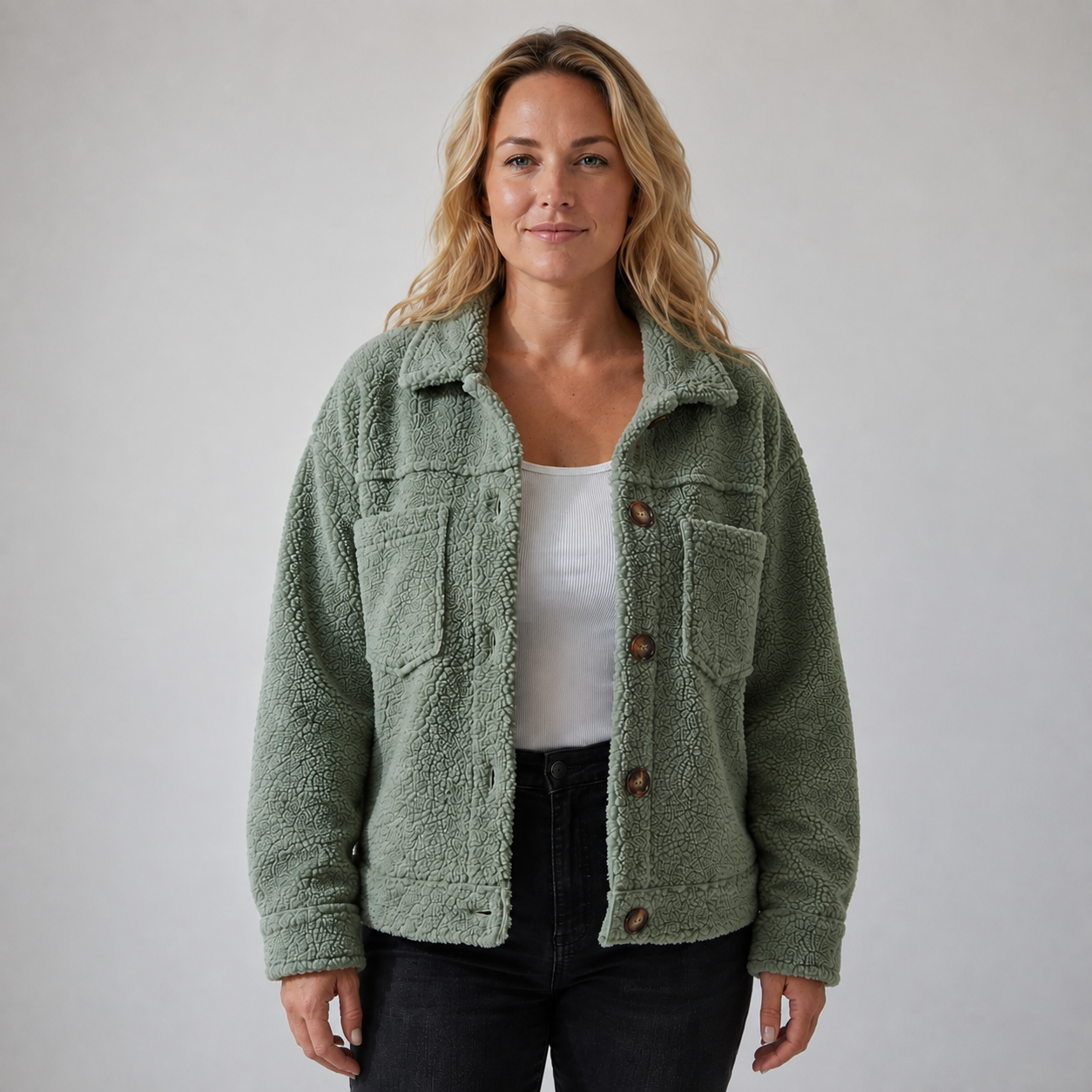 Woman wearing a soft fleece button-front jacket with lapel collar and side pockets