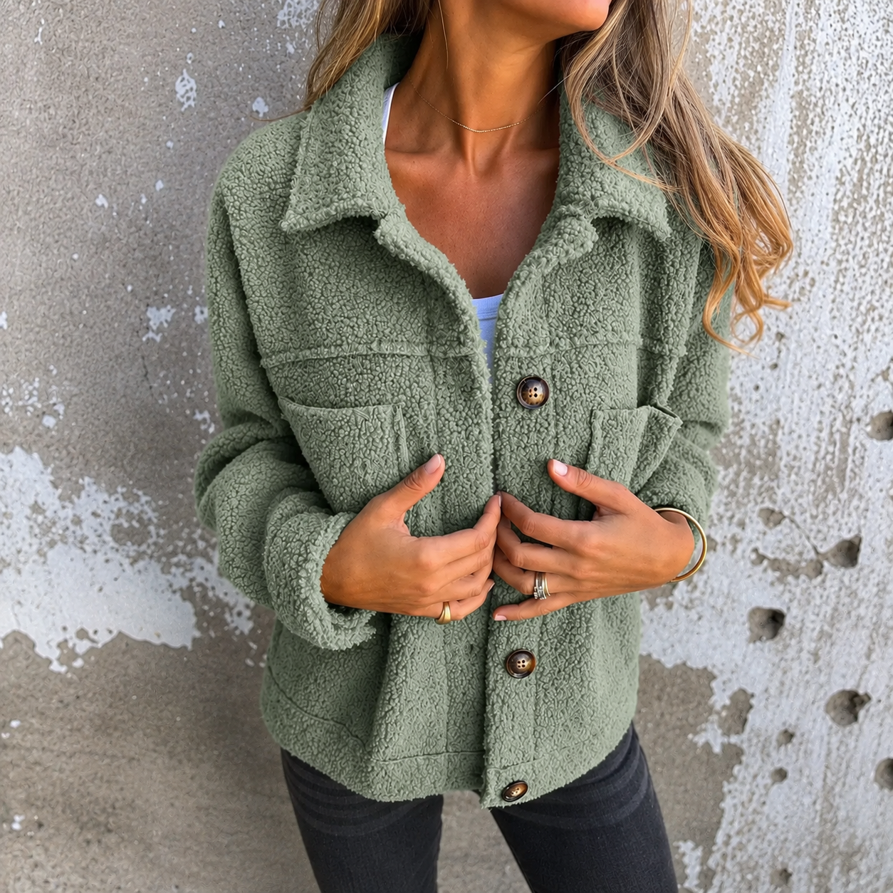 Woman wearing a soft fleece button-front jacket with lapel collar and side pockets