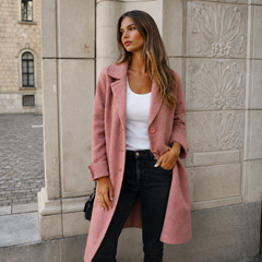 Melanie classic button coat with collar and pockets in a relaxed fit, shown for women