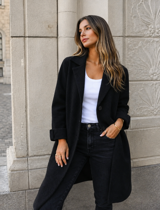 Melanie classic button coat with collar and pockets in a relaxed fit, shown for women