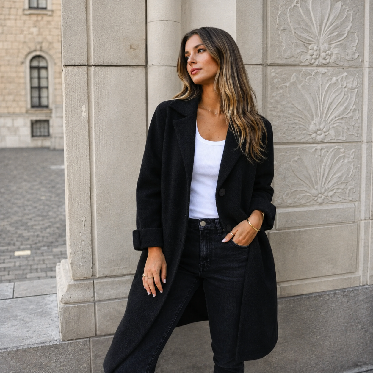 Melanie classic button coat with collar and pockets in a relaxed fit, shown for women