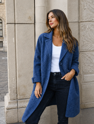 Melanie classic button coat with collar and pockets in a relaxed fit, shown for women