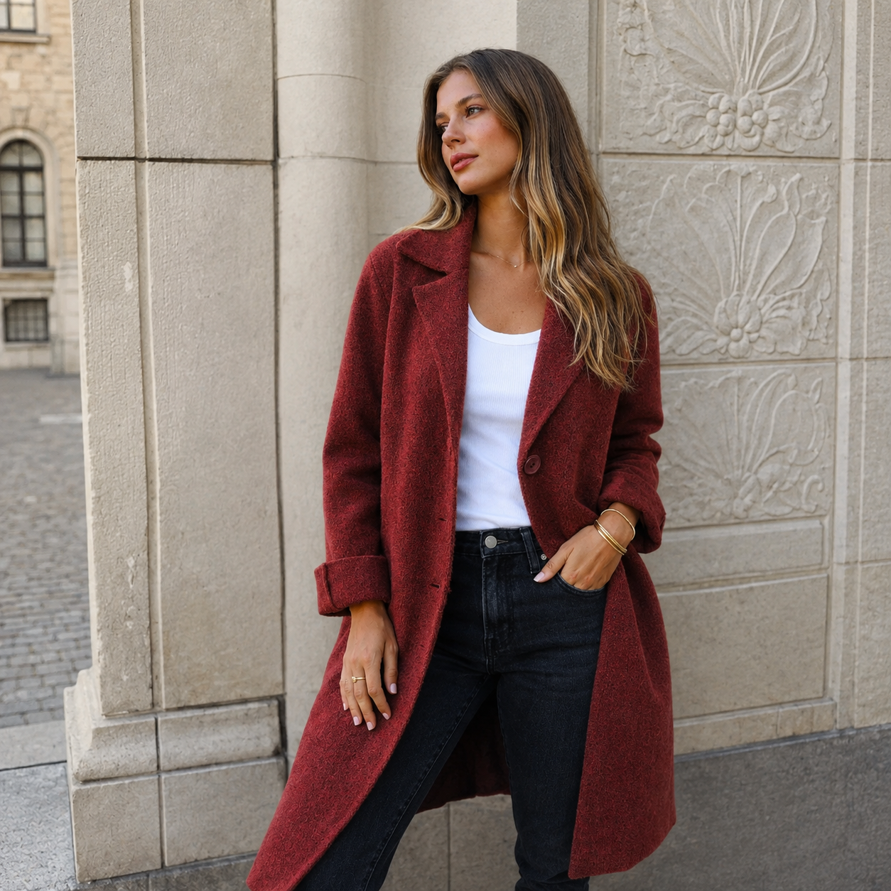 Melanie classic button coat with collar and pockets in a relaxed fit, shown for women