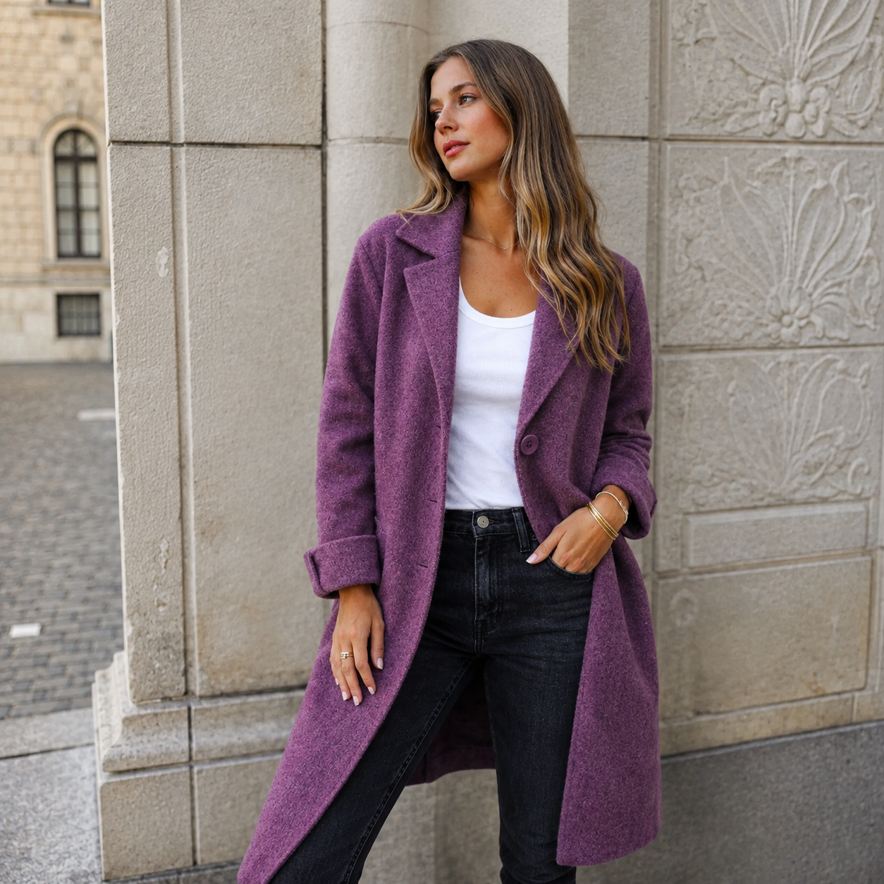 Melanie classic button coat with collar and pockets in a relaxed fit, shown for women