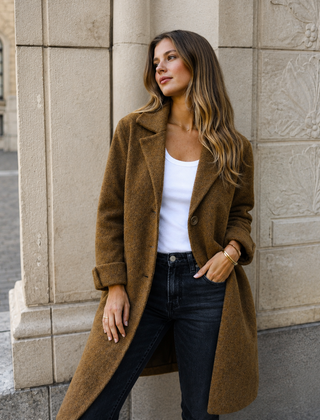 Melanie classic button coat with collar and pockets in a relaxed fit, shown for women