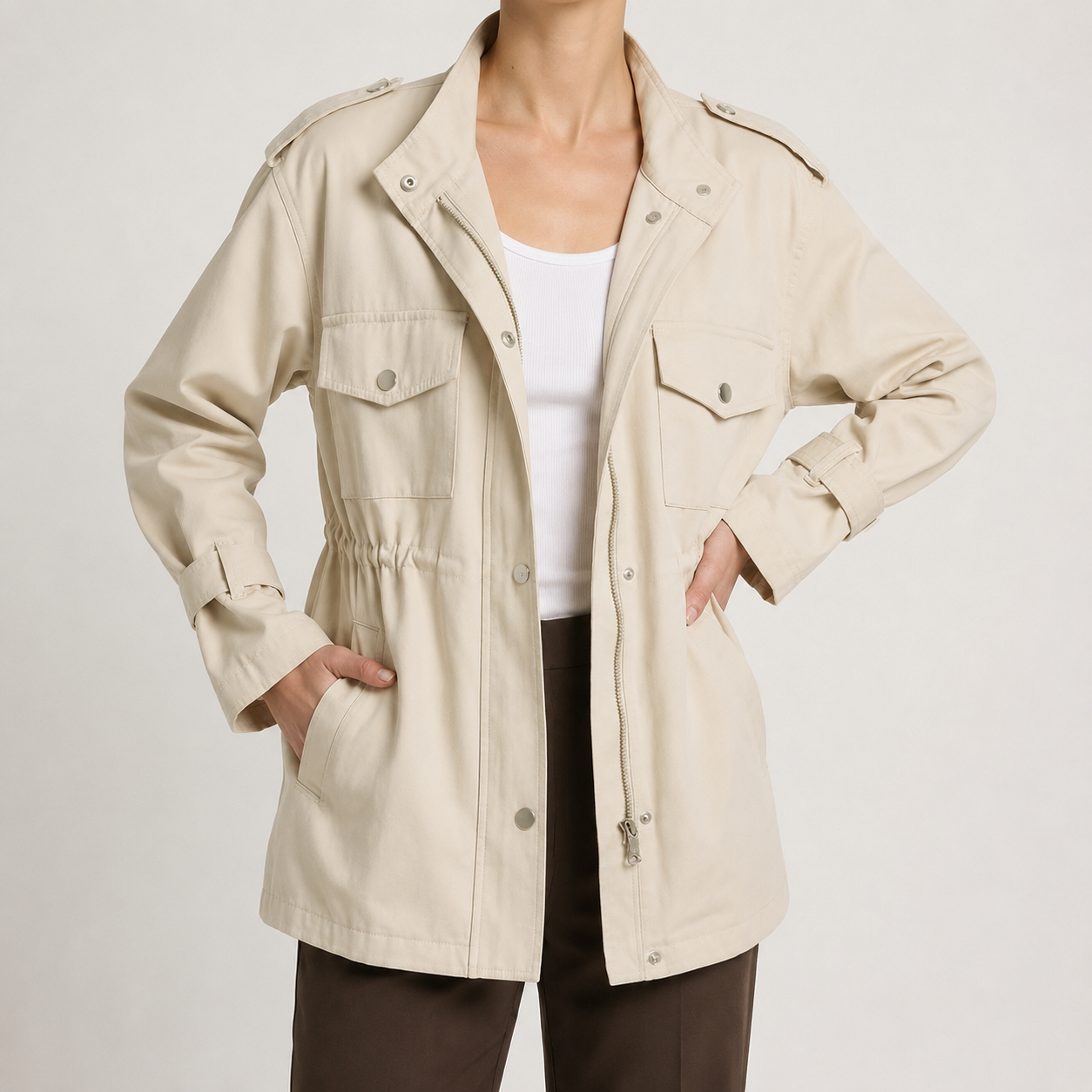 Meredith tailored double-breasted wool blend coat with belt and deep pockets