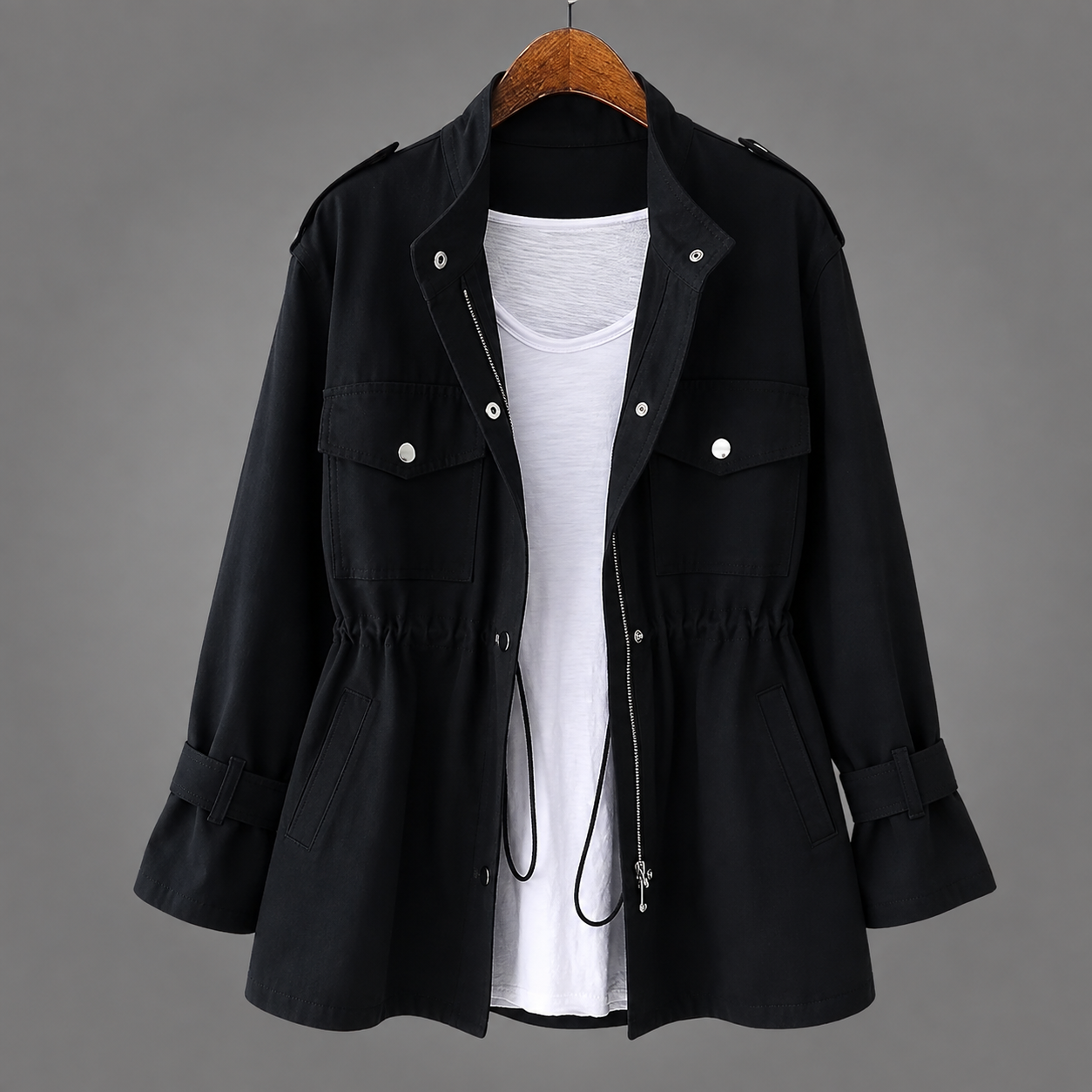 Meredith tailored double-breasted wool blend coat with belt and deep pockets