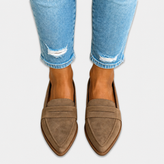 Suede loafers with matte finish shown in khaki, black, grey and leopard print