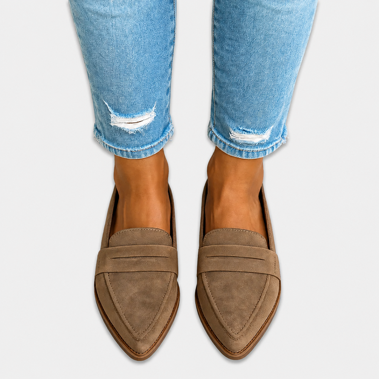 Suede loafers with matte finish shown in khaki, black, grey and leopard print