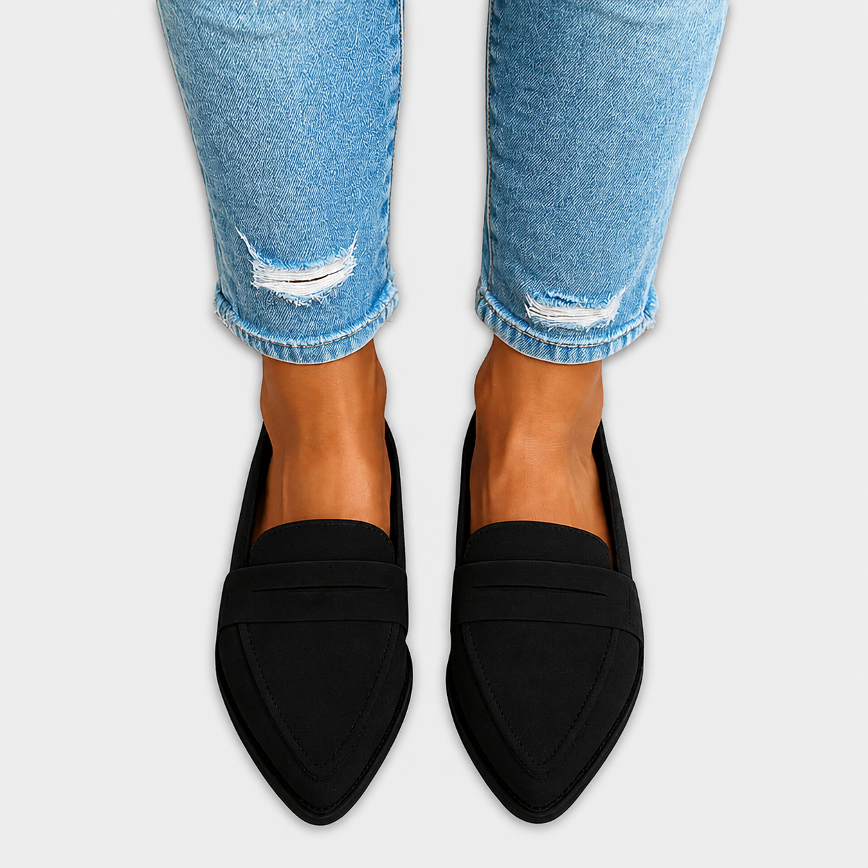 Suede loafers with matte finish shown in khaki, black, grey and leopard print