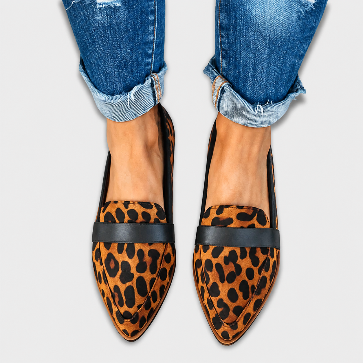 Suede loafers with matte finish shown in khaki, black, grey and leopard print