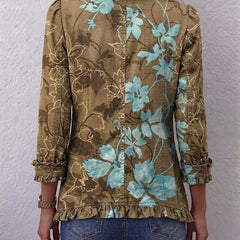 Olive and turquoise floral boho jacket with ruffled placket, cuffs and hip-length hem