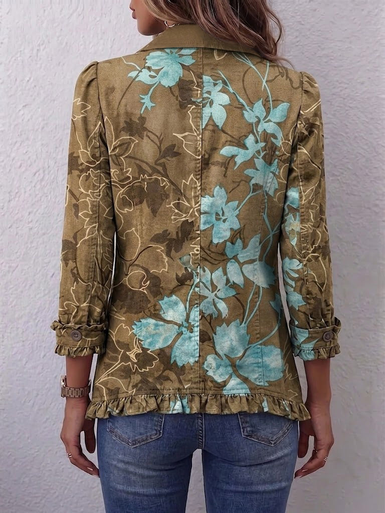 Olive and turquoise floral boho jacket with ruffled placket, cuffs and hip-length hem