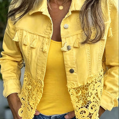 Kambria cropped fringe and lace jacket with button front and chest pockets