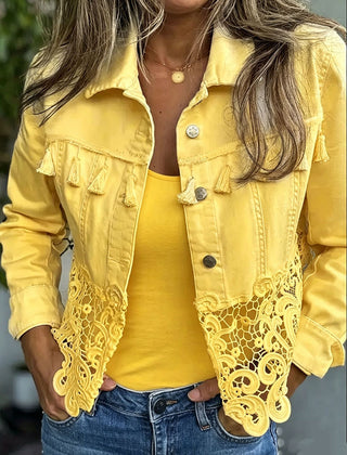 Kambria cropped fringe and lace jacket with button front and chest pockets