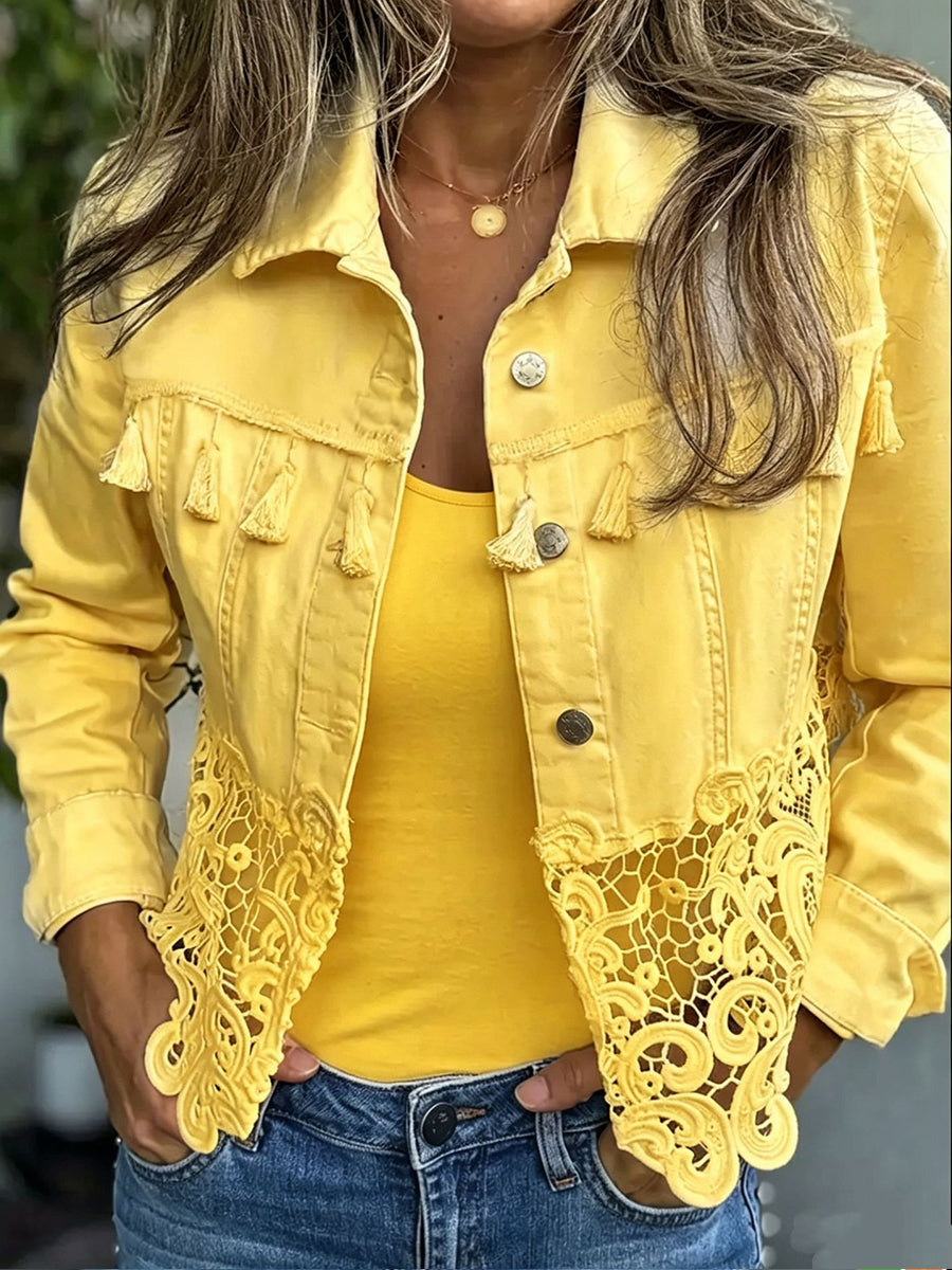 Kambria cropped fringe and lace jacket with button front and chest pockets