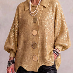 Oversized chunky knit collared cardigan with large gold-tone buttons and lantern sleeves