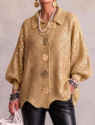Oversized chunky knit collared cardigan with large gold-tone buttons and lantern sleeves