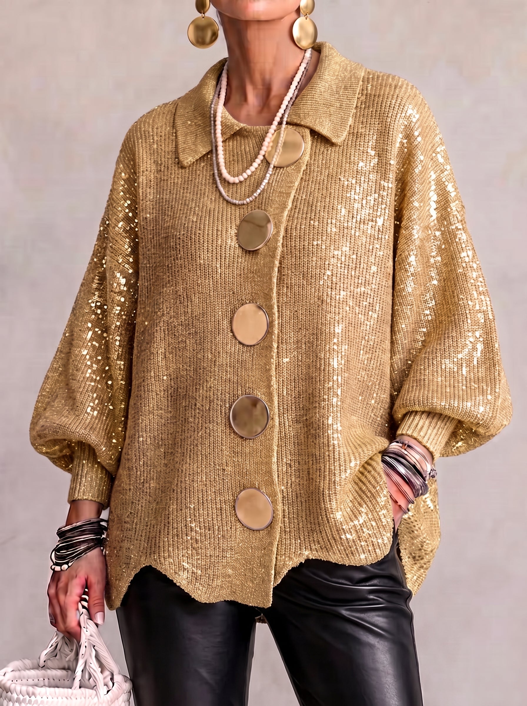 Oversized chunky knit collared cardigan with large gold-tone buttons and lantern sleeves