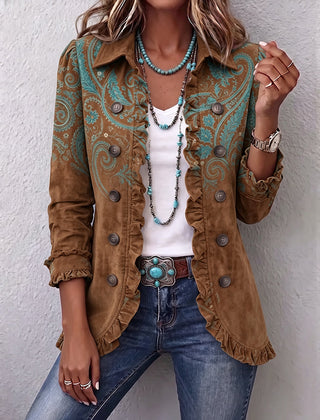 Brown paisley print double breasted jacket with ruffle trim at collar, cuffs and hem