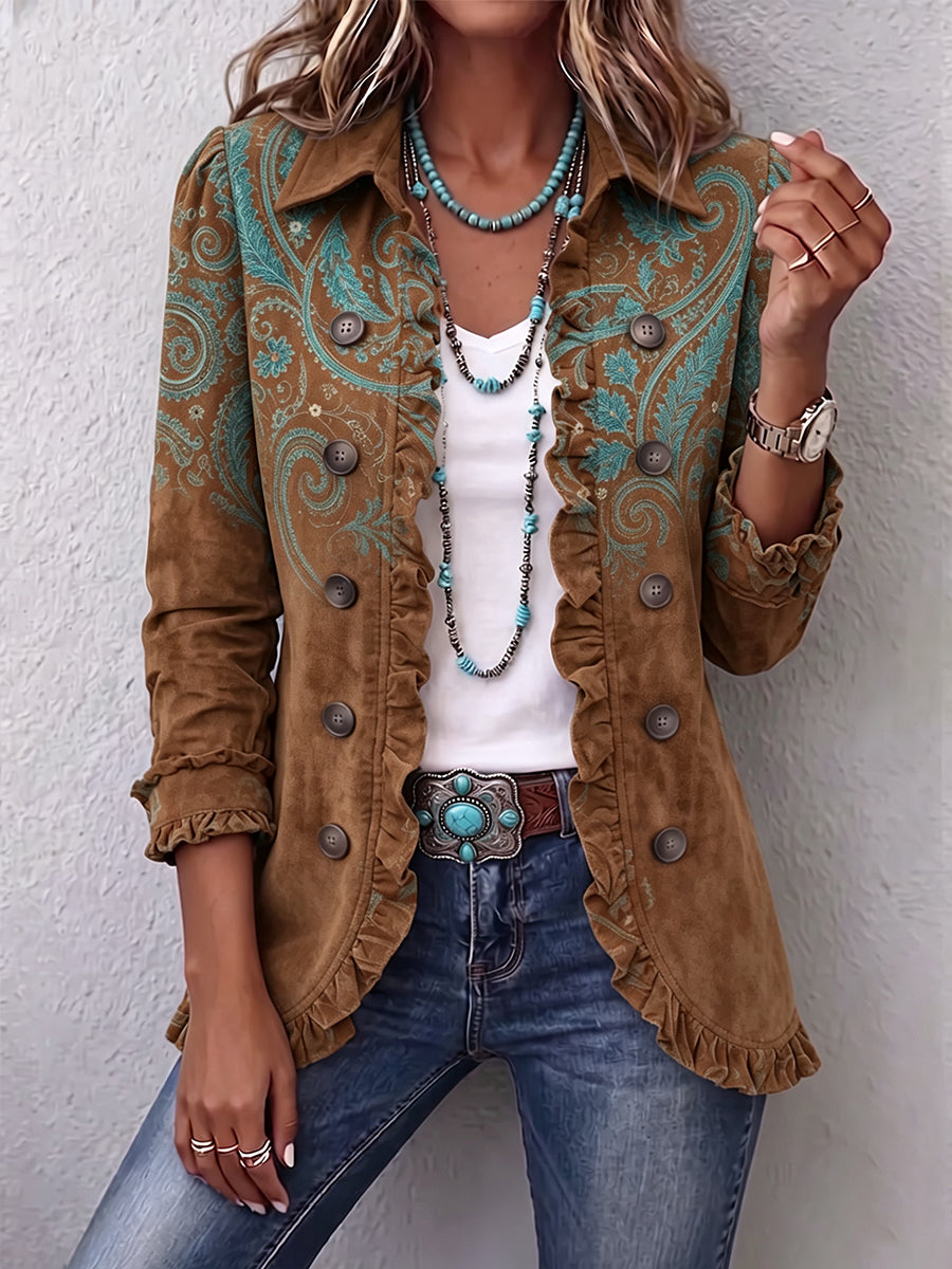 Brown paisley print double breasted jacket with ruffle trim at collar, cuffs and hem
